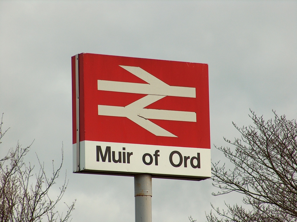 Sign for Muir of Ord railway station