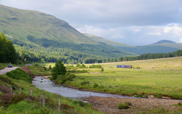 ScotRail class 156 Super Sprinter DMU 156457 heads east through Glen Lochy towards Crianlarich
