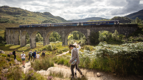 Scotrail train crossing Glenfinnan Viaduct